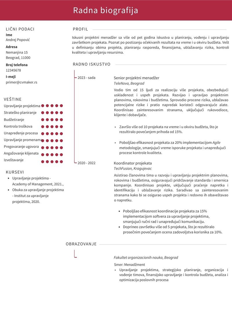 Primer CV-ja za projektnog menadžera