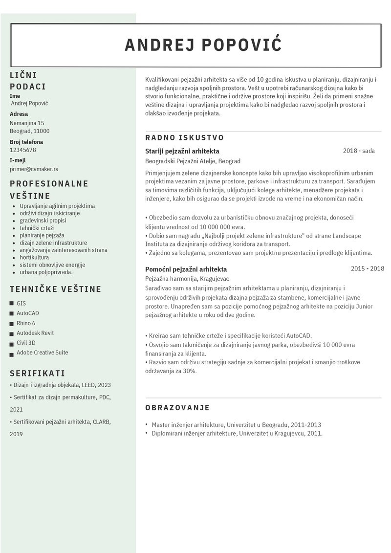 Primer CV-ja za arhutektu