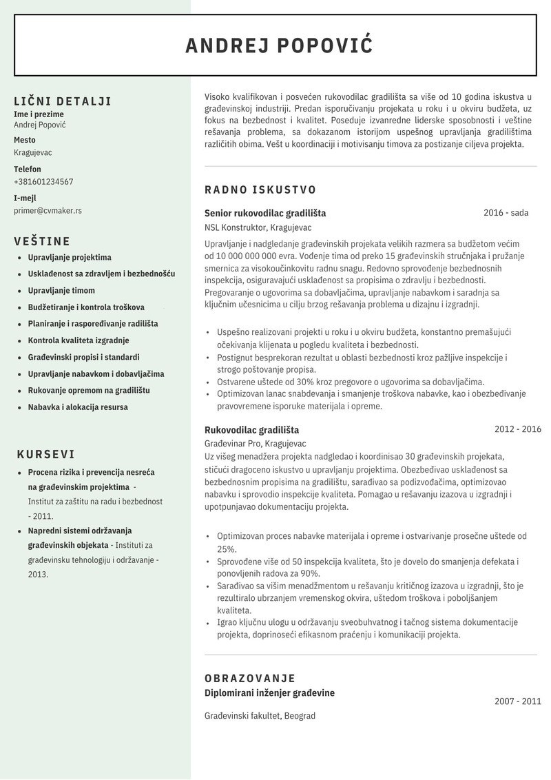 Primer CV-a za građevinca