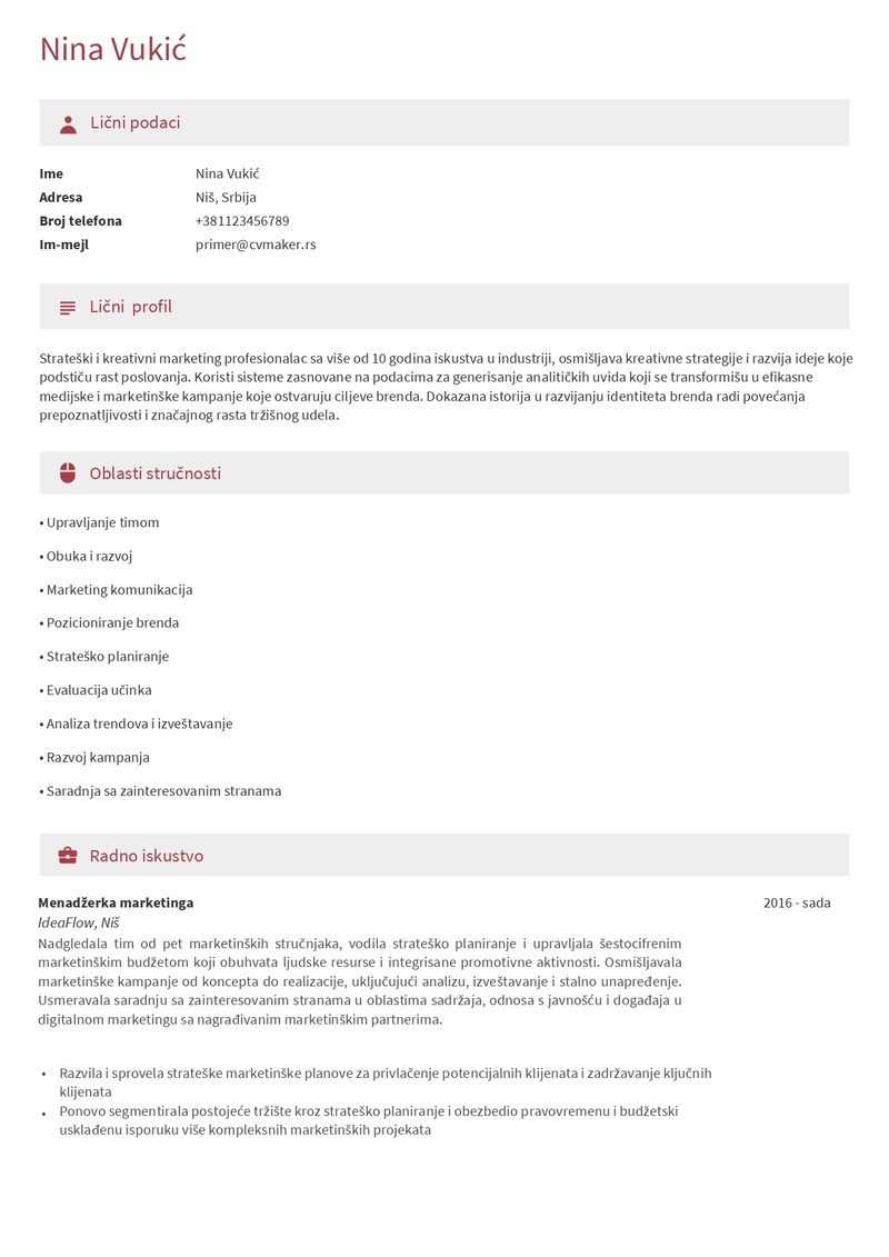 Primer CV-ja za marketinškog stručnjaka