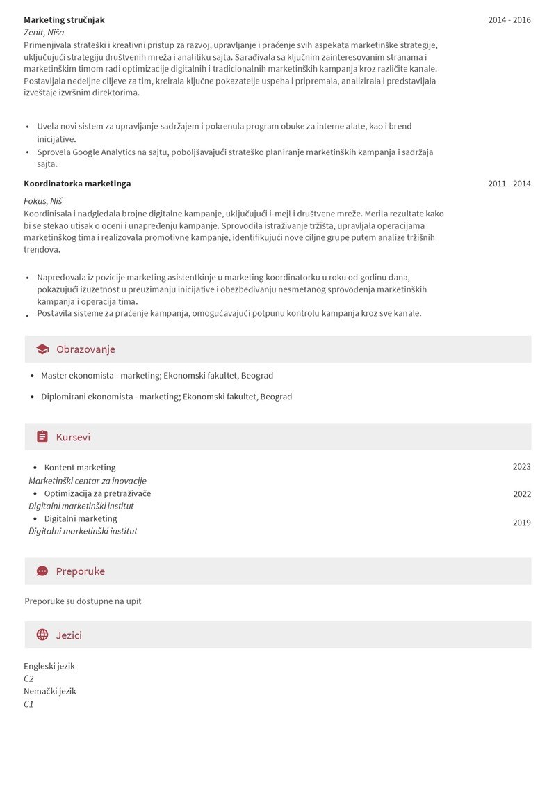 Primer CV-ja za marketinškog stručnjaka