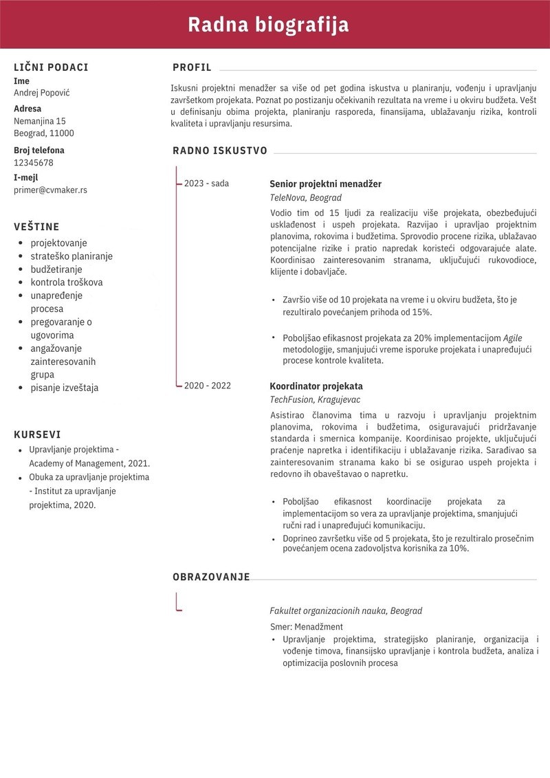 Primer CV-ja za projektnog menadžera